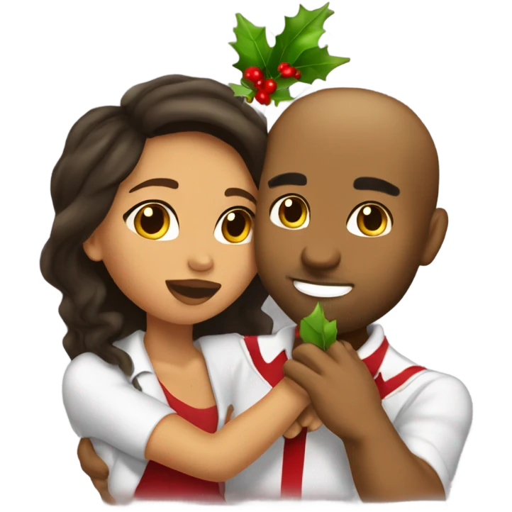 Puerto Rican girl kissing light skin man under a mistletoe emoji