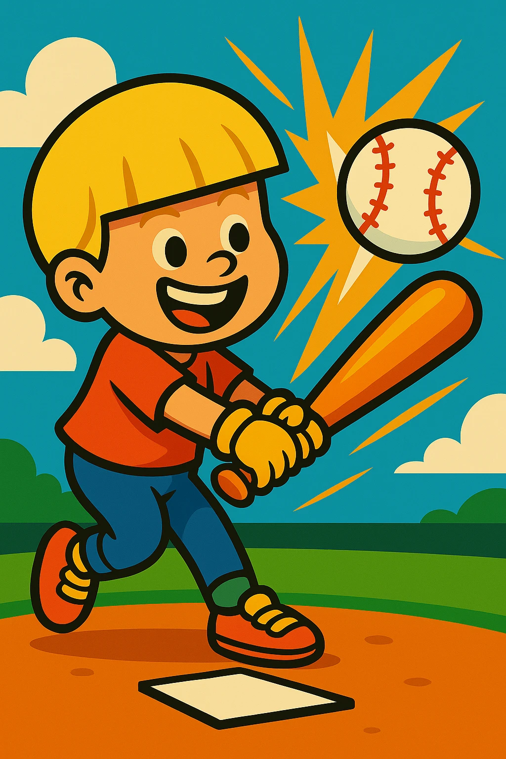Change the boy's hair to blonde, keep the bowl cut, vibrant cartoon style, swinging a bat and hitting a baseball, home run moment, cheerful. emoji