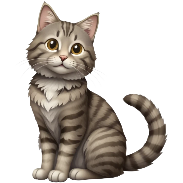 cinematic-[grey brown tabby cat]-realistic-full-body-sitting-emoji,-tail-curled-playfully-around-its-paws,-head-tilted-dramatically,-scruffy-[grey]-fur,-simplified-yet-realistic-focused-features,-highly-detailed,-glowing-with-an-almost-sarcastic-glow emoji