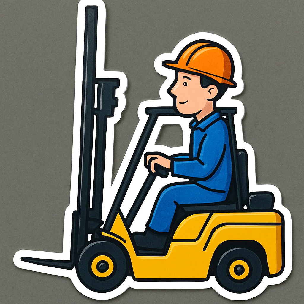 Add a driver to the forklift in a sticker style, cartoonish and bold with clear outlines and vibrant colors. emoji