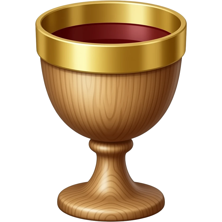 3D emoji of a wooden Eucharist chalice with a shiny gold metal rim and interior, containing red wine. Apple-style aesthetic, simple clean design, white background emoji