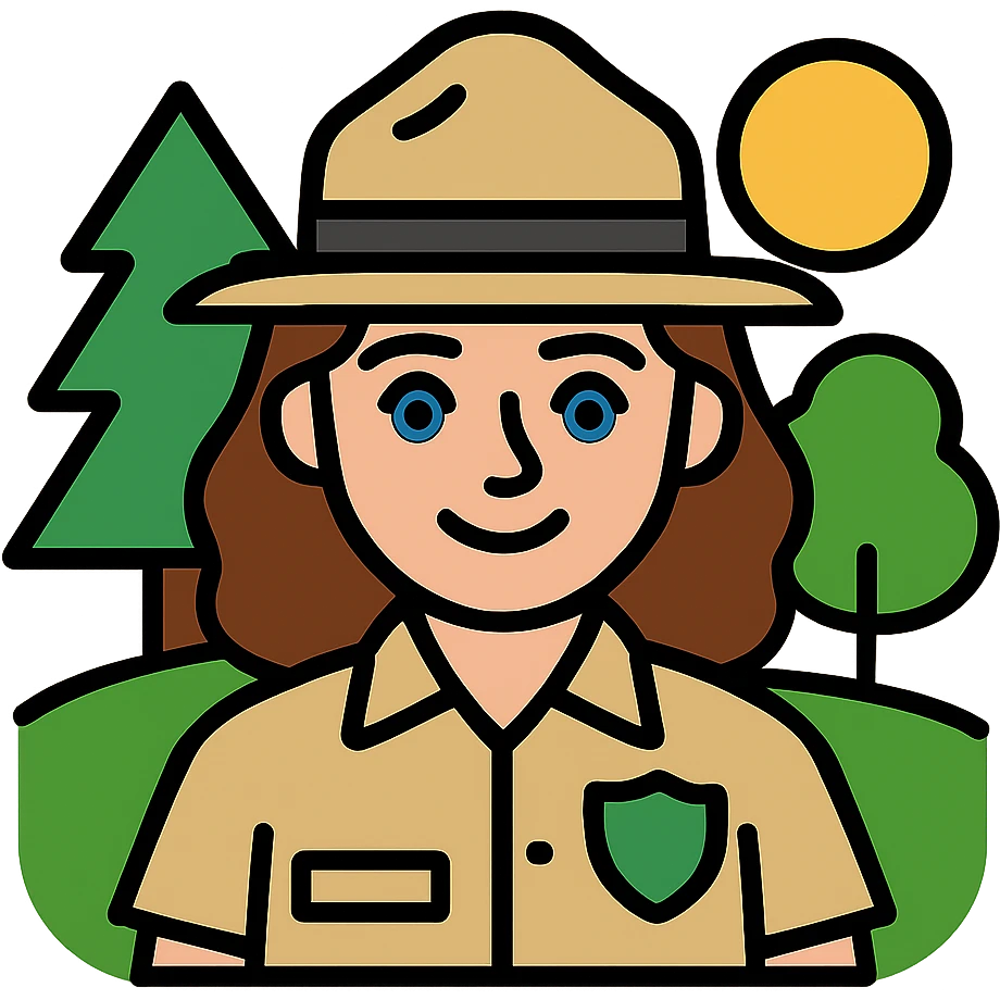 white woman park ranger with brown hair and blue eyes in a nature background emoji