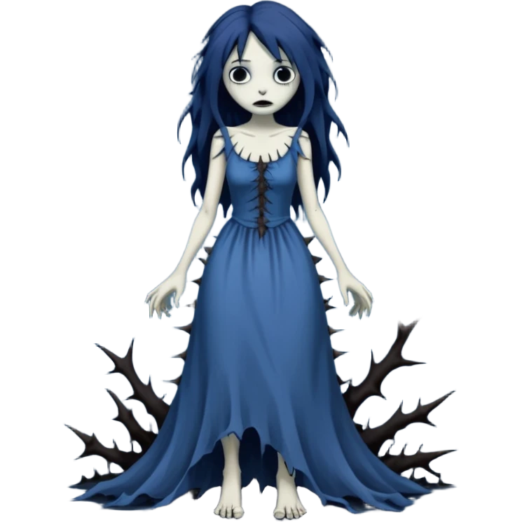 Gloomy ghostly fair lady with long ragged torn tattered dress, thorns across arms and legs, depressed face, ghoul-like gloomy dark greyish dull-colored deep-blue dark-black swampy monsterous lady woman (full body) emoji