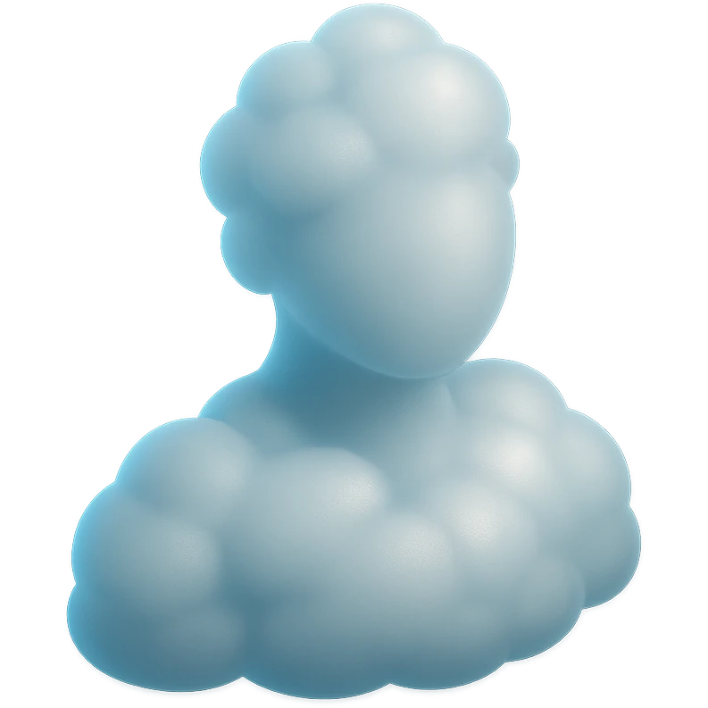 person made entirely of bright, convex clouds, shoulder up, front view, matte glass style emoji