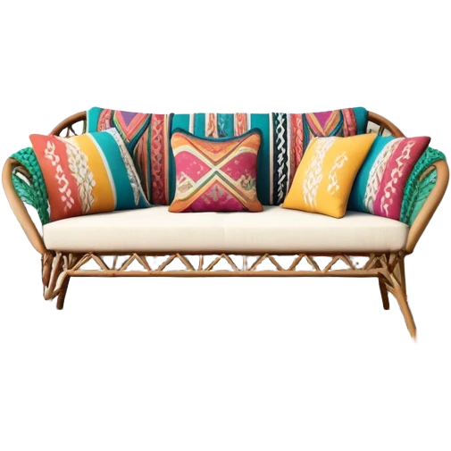 cozy bohemian living room with macrame wall hanging, plants, rattan furniture, and colorful cushions emoji
