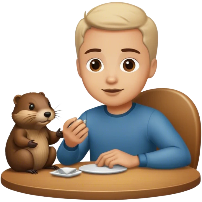 Человек сидит с бобром за столом и общается emoji