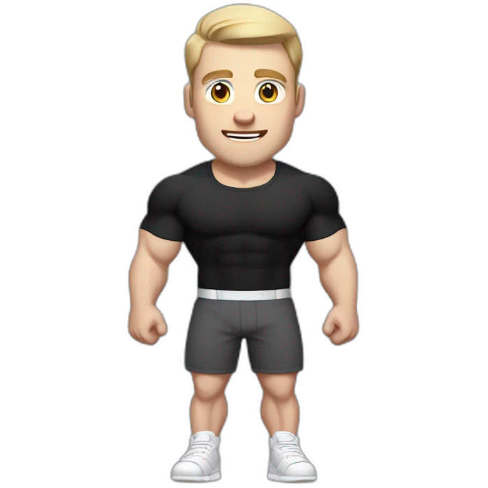 amazed Pale skinned Fit Man With the biceps and dark brown hair in black shirt, gray sports shorts and white Sneakers emoji
