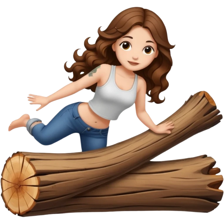 cute woman long wavy brown hair tattoos balancing on log emoji