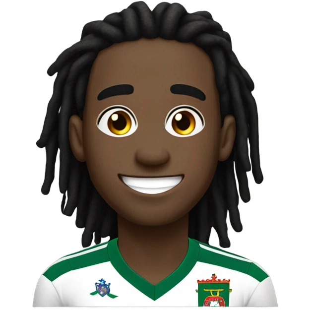  Young black man- very short black dread locks-  low eyebrows - big eyes - no facial hair laughing Portugal jersey lean crazy smile  emoji