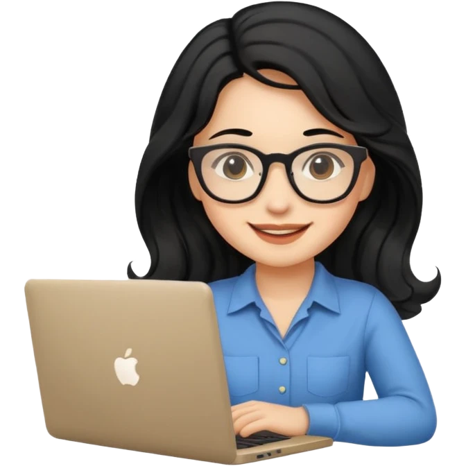 Cute female developer style sitting in front of laptop. No glasses, smiling with long hair waves. Early 20s light skin tone. Black hair emoji