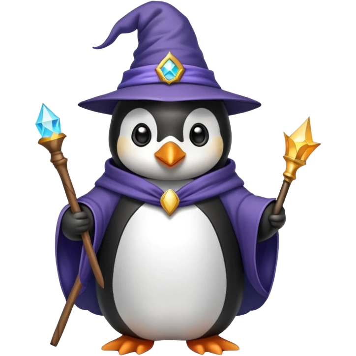 A penguin wearing a wizard hat and robe, holding a magic wand emoji