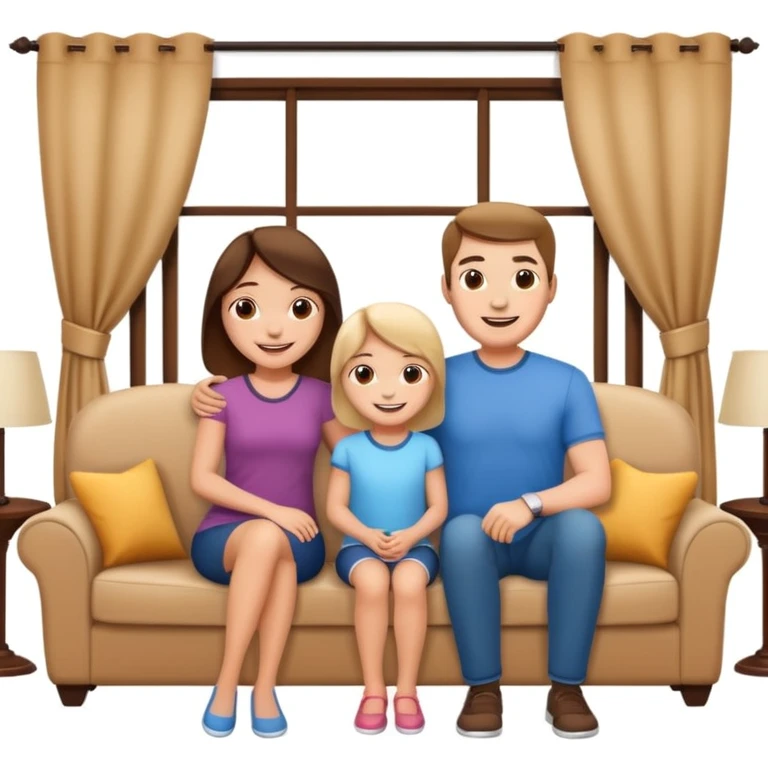 family posing for photo, living room background emoji