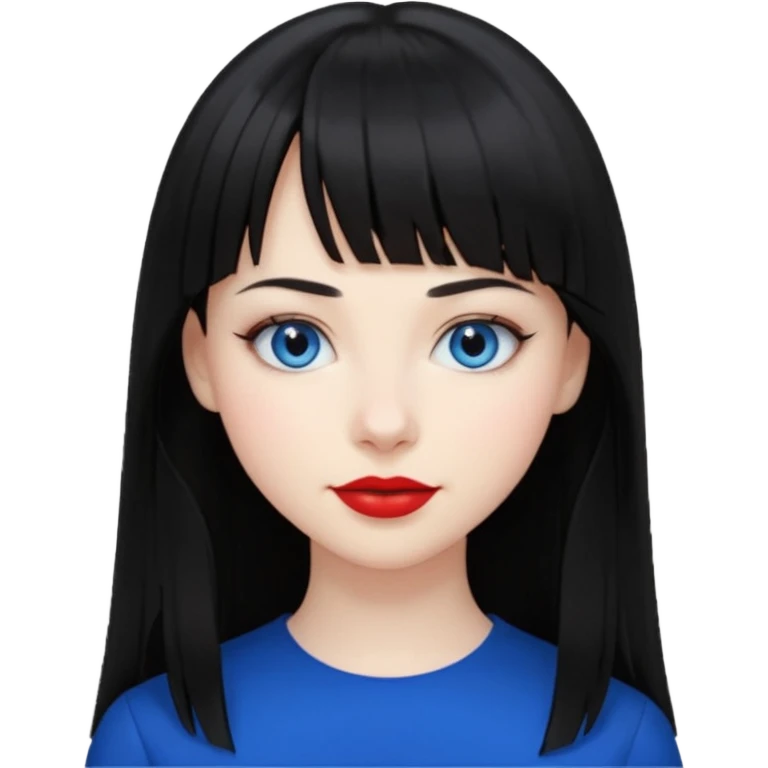 20 yr old woman long straight black hair, pale skin, blue eyes, red lipstick, black clothes, small smile, bangs emoji
