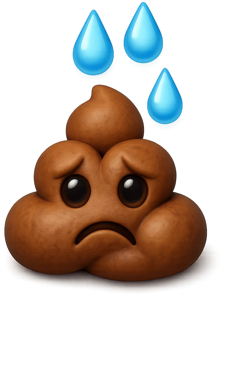 emoji stile iphone di una montagnetta di feci umane realistiche a palline tristi con sopra un simbolo delle gocce di acqua, iperrealistico 4k emoji