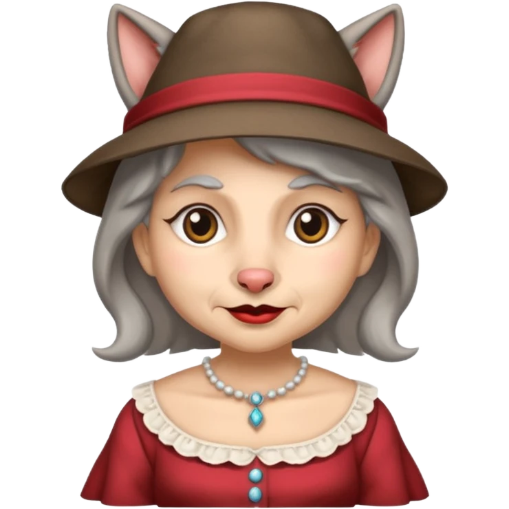 The big bad wolf is wearing Grandma's clothes and a hat, yet its face still looks like a wolf's. emoji
