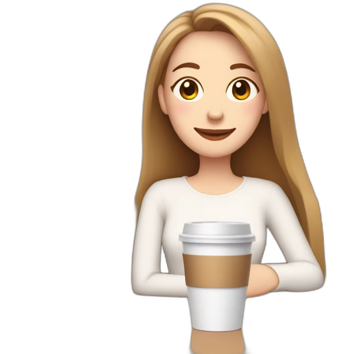 woman with pale skin and brown long thin straight hair wearing a white woolly shirt drinking coffee from a light pink takeaway cup eyes closed but smiling emoji