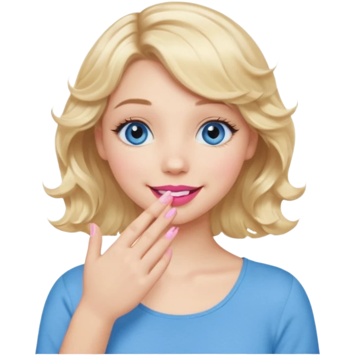 Girl Blonde short wavy hair,  blue eyes, cute blue top, long lashes, pink lips, smiling, hand covering the mouth emoji