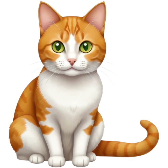 A mix breed cat (domestic shorthair and Arabian mau) sitting, with white fur, three ginger spots on its back, a ginger tail, and yellow-green eyes emoji