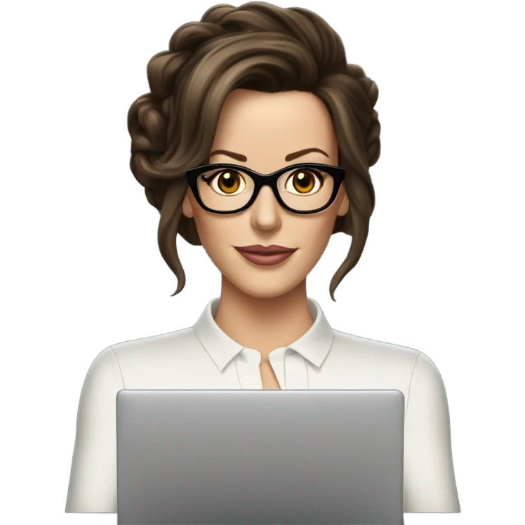 Kate Beckinsale, glasses, updo holding laptop emoji