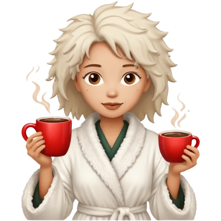 {
      "type": "human",
      "look": "fluffy robe woman, messy hair, holding cup of cocoa",
      "description": "a woman in a fluffy robe with messy hair, holding a cup of cocoa"
    } emoji