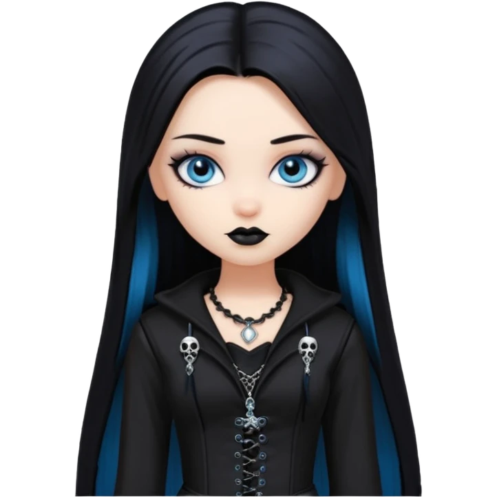 goth bratz baddie, beautiful blue eyes, long straight black hair, black gothic hair styled, black goth clothes emoji