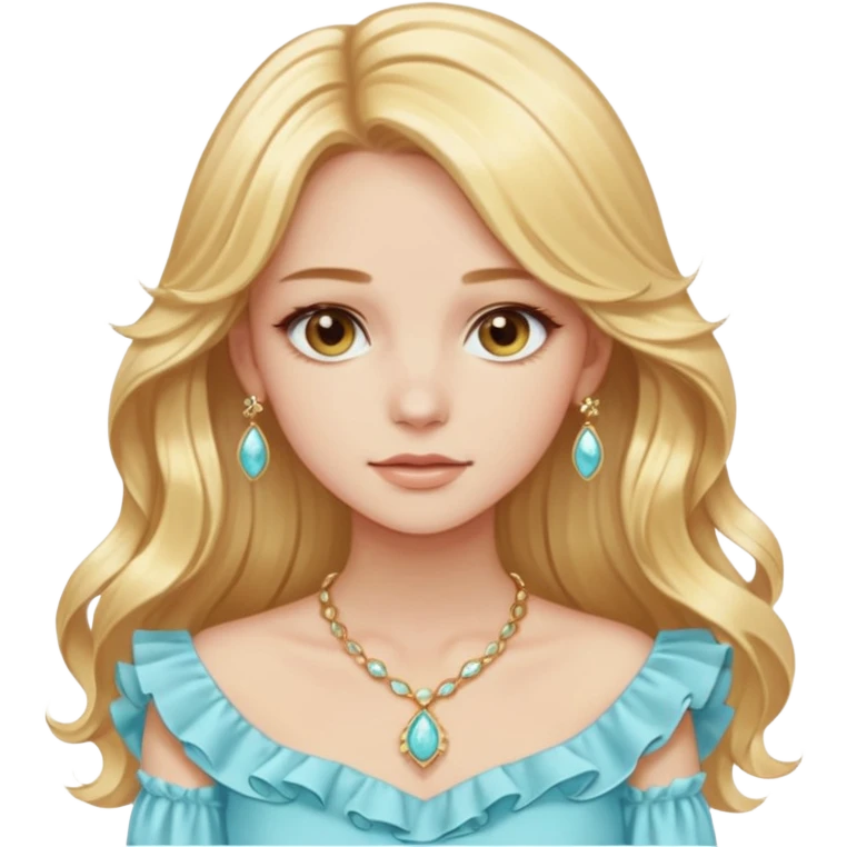 girl with long styled straight-wavy light golden-yellow blonde hair, light hazel eyes, pale peach skin, wearing a fancy ruffled light pastel aqua-blue top and expensive light golden jewelry emoji