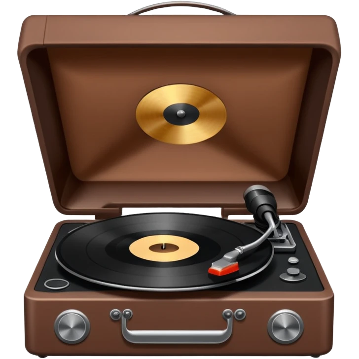 A brown record player spins a stark black vinyl under the veil of dusk. emoji