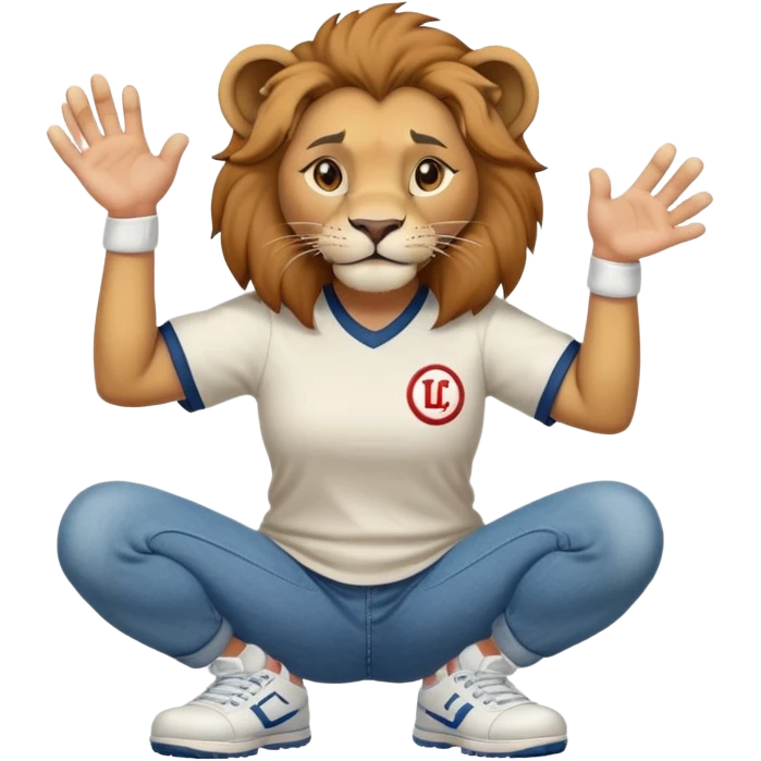 friendly anthropomorphised female lion wearing a baseball shirt, jeans, and trainers, in a squat position, empty hands emoji