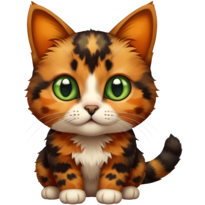 A high-resolution photo-realistic digital illustration of a brown orange black multicoloured  tortoiseshell cat kitten, chest upward emoji