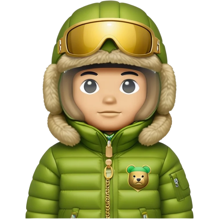 bearbrick with lime balaclava and logo tags, wearing large mirrored monolens ski visor shield covering entire upper face like sports goggles, puffy jacket with fur trim, gold chains emoji