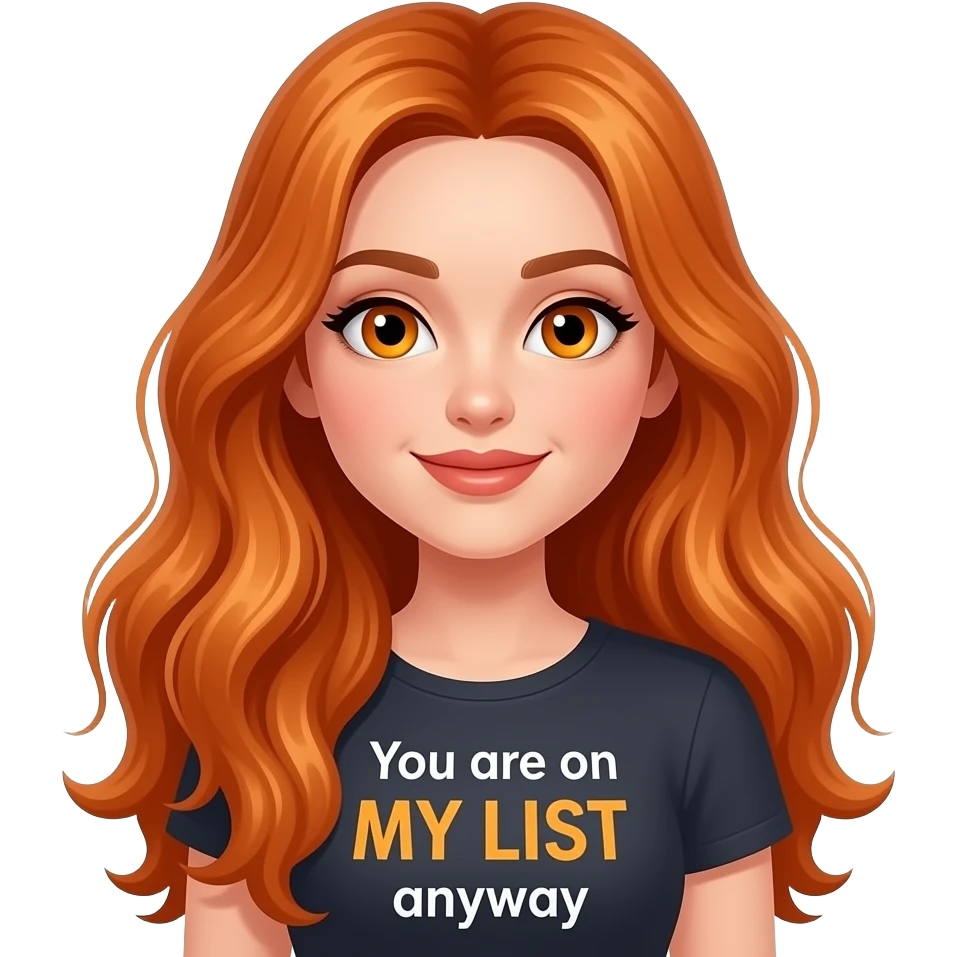 sexy girl with overlong ginger hair and ginger eyes a top with ... You are on MY LIST anyway written on it emoji