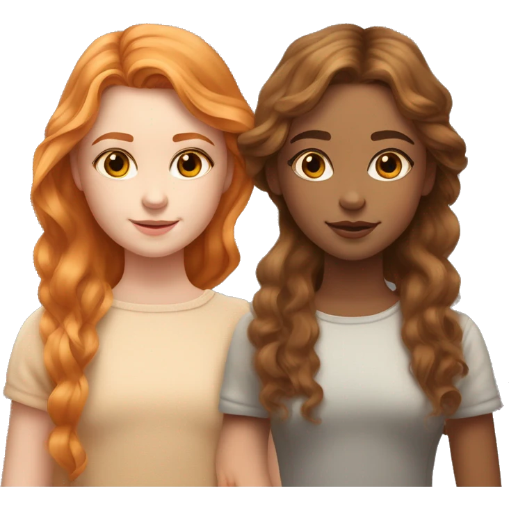 serene two girls. one has tan skin wavy brunette hair and the other has pale skin natural soft orange hair delicate fringe. standing together in gentle light. calm and content. hyper-realistic soft textures fine details glow on skin emoji