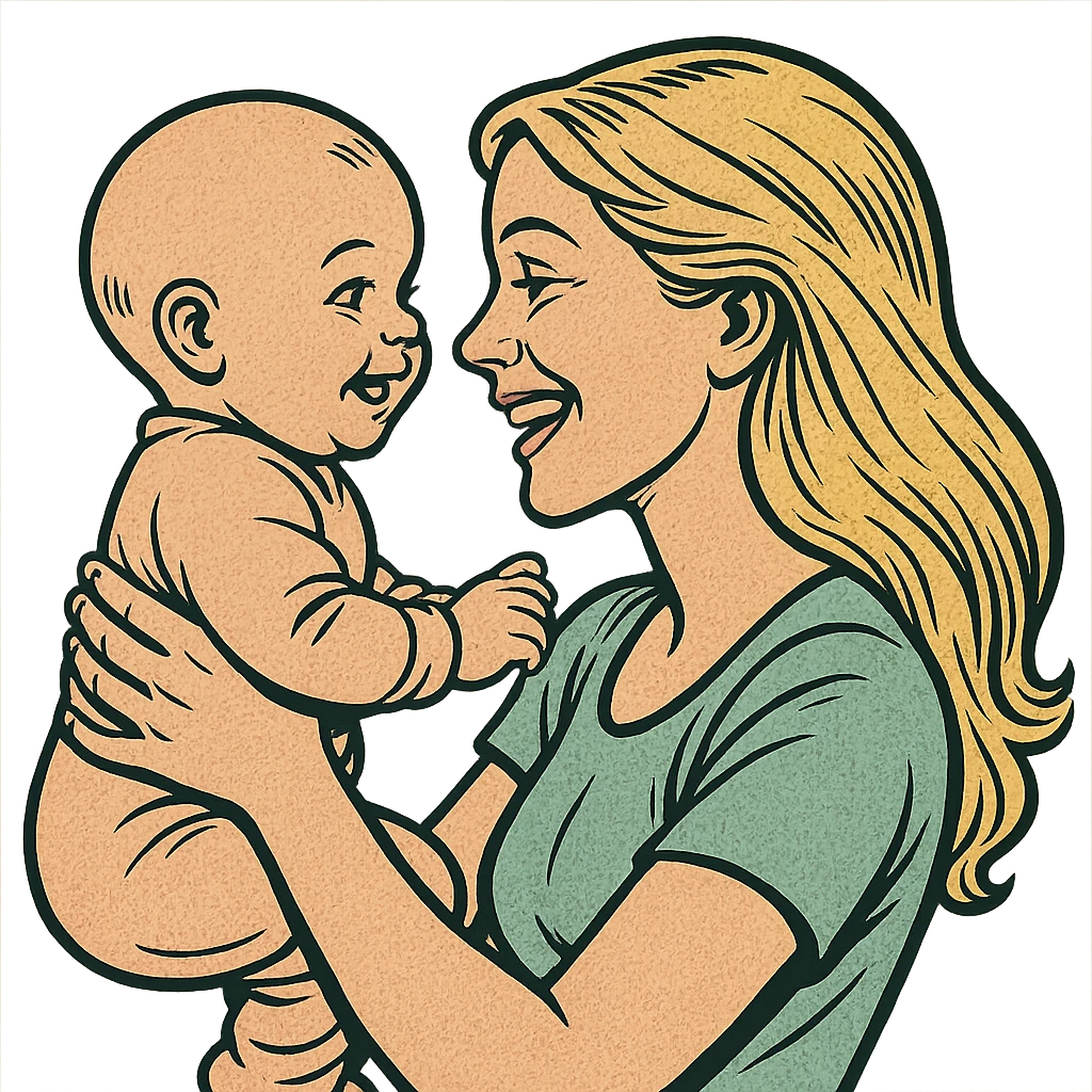 woman with long blonde hair holding a baby in her arms, they look at each other and smile, side view, old school comic book style, thin clean contours, soft rounded shapes, pastel palette, detailed shadows and highlights, soft lighting emoji