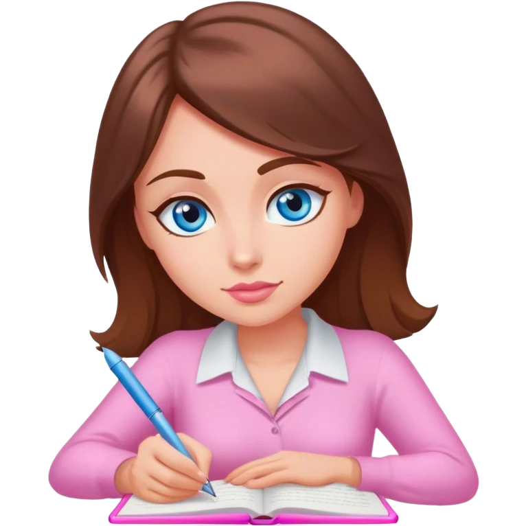 brown-haired, blue-eyed female writer writing a romance novel pink light emoji