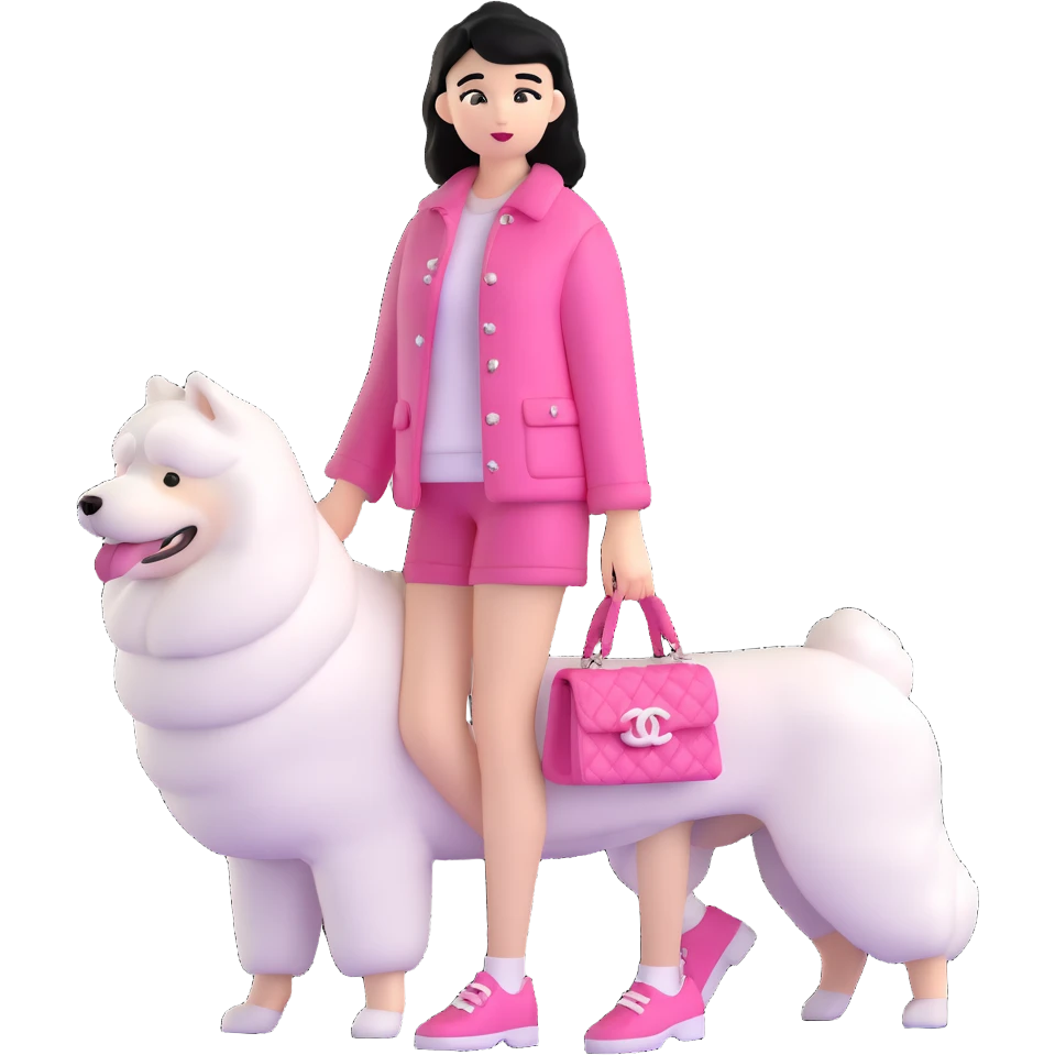 black-haired girl in pink Chanel style outfit with white Samoyed dog emoji