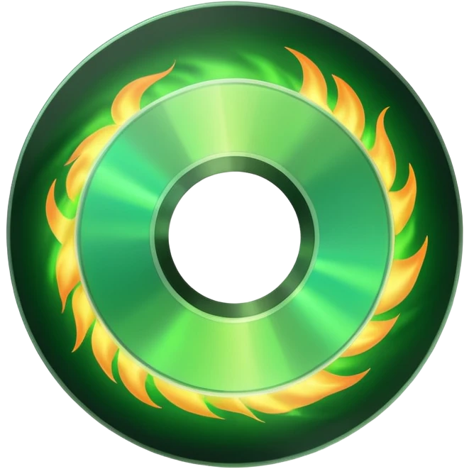 A minimalist CD disc with a subtle fire design, green fire emoji
