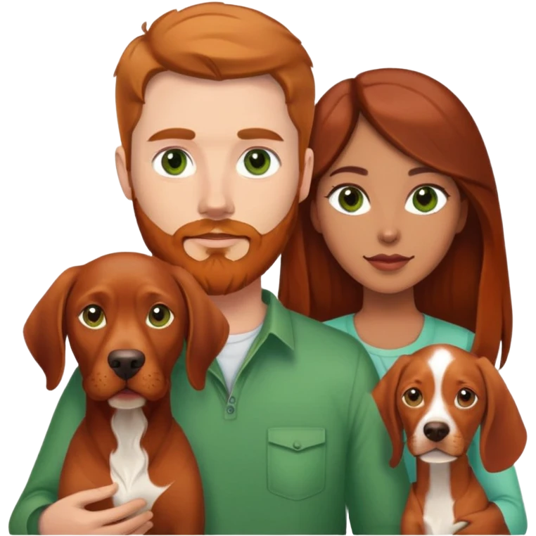White male with brown hair, green eyes and beard with Hispanic female with with brown eyes and brunette long hair and red vizsla dog emoji