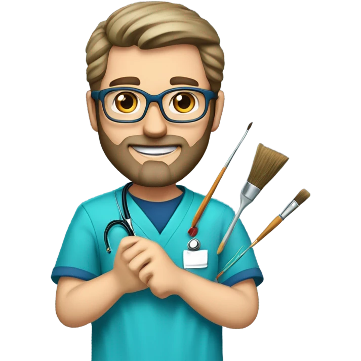 male dark blond haired doctor with grey van dyke beard with hazel eyes and small wire-rimmed glasses in blue scrubs holding a large paintbrush emoji