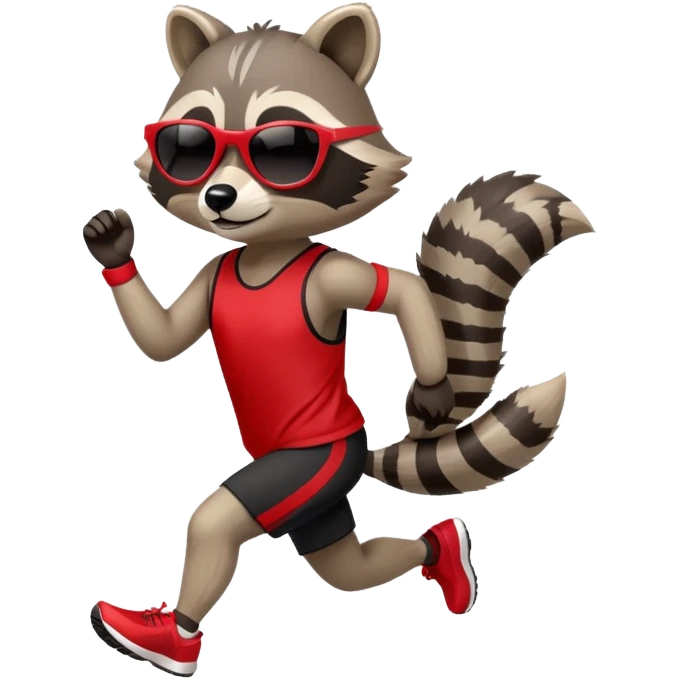 friendly anthropomorphised raccoon in sports wear, wearing dark sunglasses, jogging upright in standard pose emoji