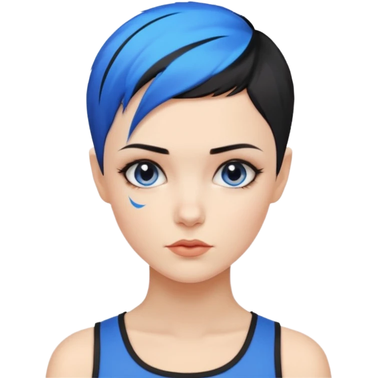 frau, kein kind freche extreme schwarze Kurzhaarfrisur eine Seite wirklich fast keine Haare andere Seite mit blauer Strähne kurze Seite noch viel kürzer emoji