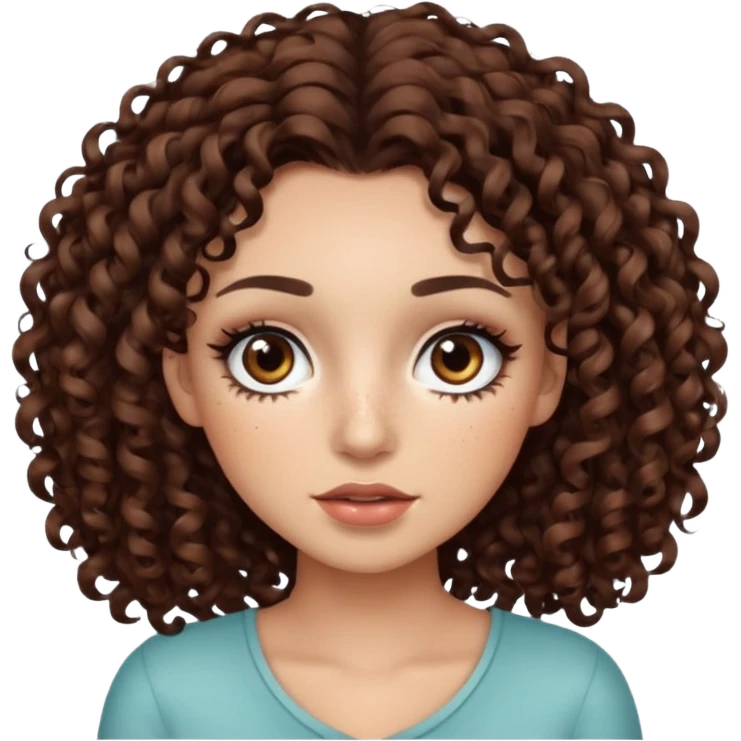 dark brown curly hair with dark brown eyes and too long lashes and some make up with freckle and light brown skin emoji