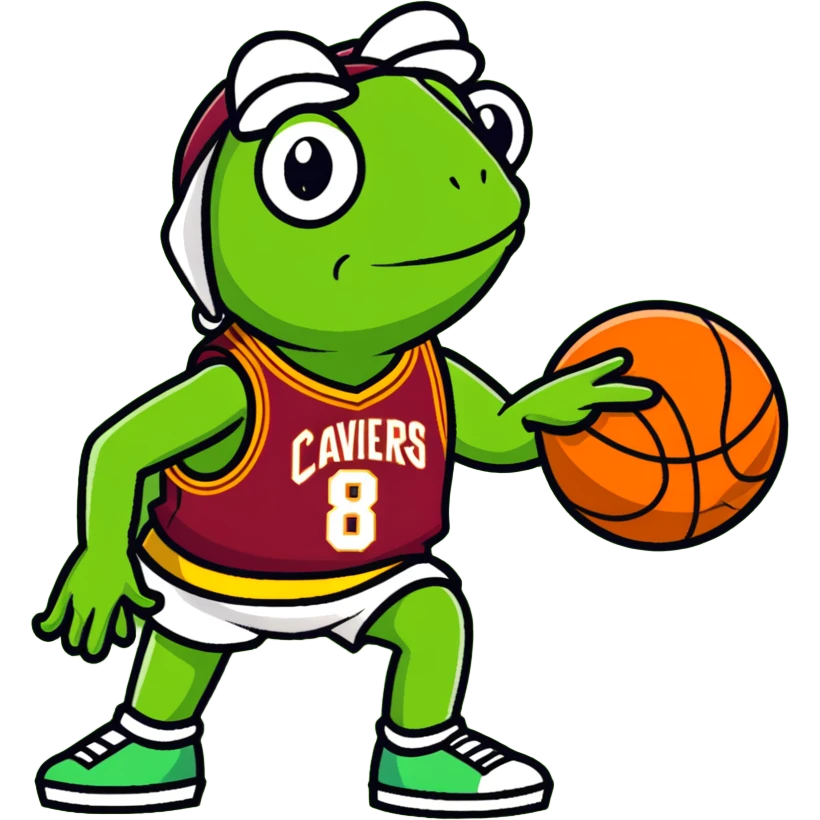 Kermit the Frog wearing a Cleveland Cavaliers #8 basketball jersey, cartoon style emoji