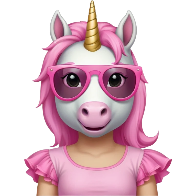 friendly anthropomorphised female unicorn with horse-like face, in tutu and pink t-shirt, wearing dark sunglasses, relaxed pose, close-crop head and shoulders portrait emoji