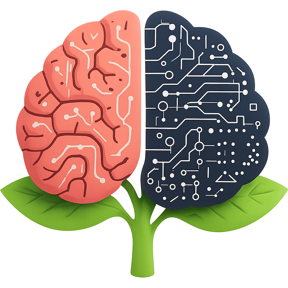 Add more machine learning elements such as neural network patterns, data flow, and algorithmic motifs, while maintaining the blend of natural resources and artificial intelligence. Remove the background to isolate the subject. emoji