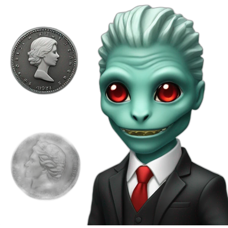 Aquamarine reptilian in classic black suite with red laser eyes on the platinum coin emoji