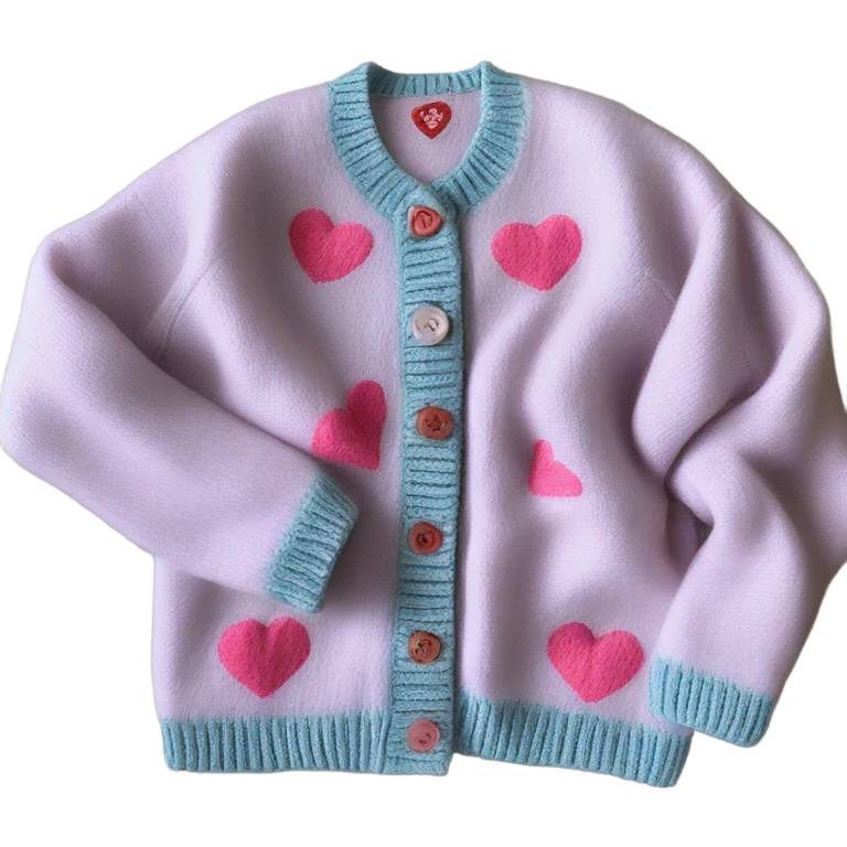 Sage oversize wool open short cardigan with pink heart-buttons, isolated emoji