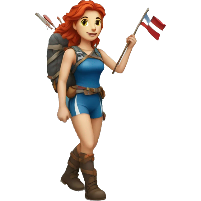 Female mountaineer red hair climbing with the real Greek flag and holding Easter eggs basket emoji