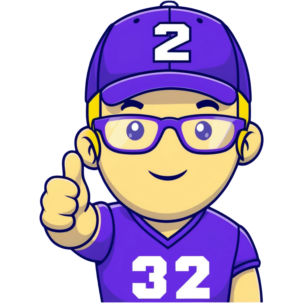 Man with black and white cap, purple sports jersey with number 32, clear glasses, light blond mullet hairstyle, thumbs up gesture, relaxed expression emoji