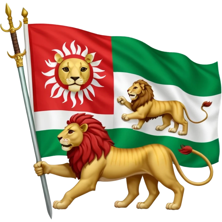 The flag of Iran is green at the top, white in the middle, and red at the bottom, with the symbol of the lion and the sun in the middle. The lion is looking at the robot and has a sword in his right hand, and the sun is behind the lion. emoji