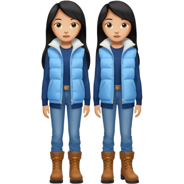 asin girl with black long slick backed hair wearing a dark blue long shirt and a puffy white sleeveless jacket on outside and light blue very baggy jeans with brown boots emoji
